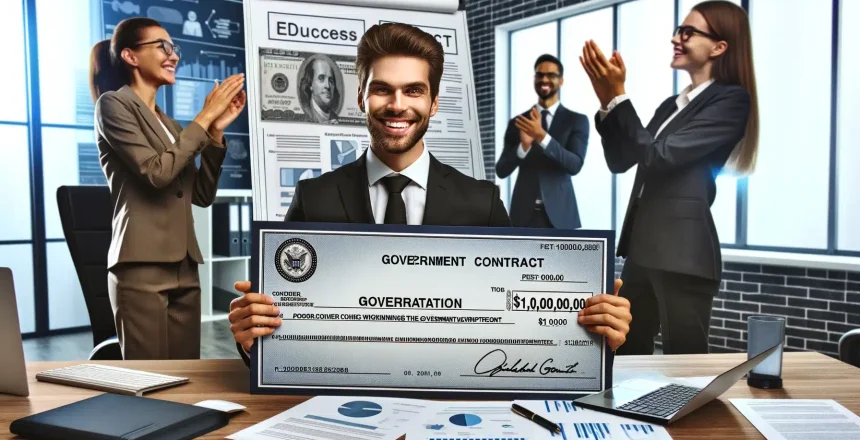 DALL·E 2024-06-04 12.38.35 - An image showing a successful entrepreneur celebrating winning a government contract. The scene includes a business office with documents and a large