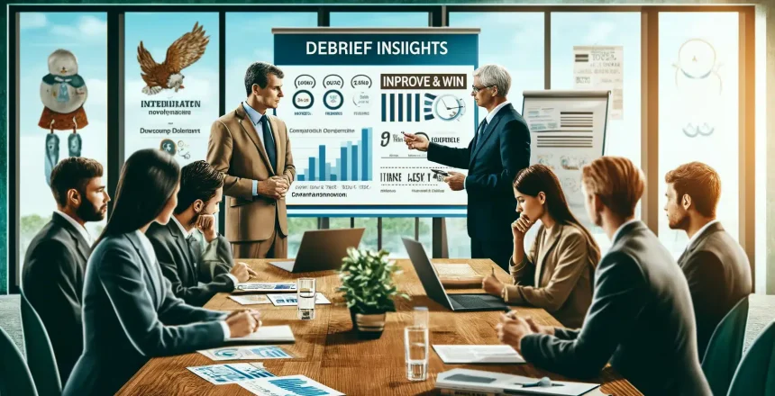 DALL·E 2024-06-04 12.47.31 - An image depicting an entrepreneur receiving feedback during a debriefing session with a government official. The scene takes place in a modern confer