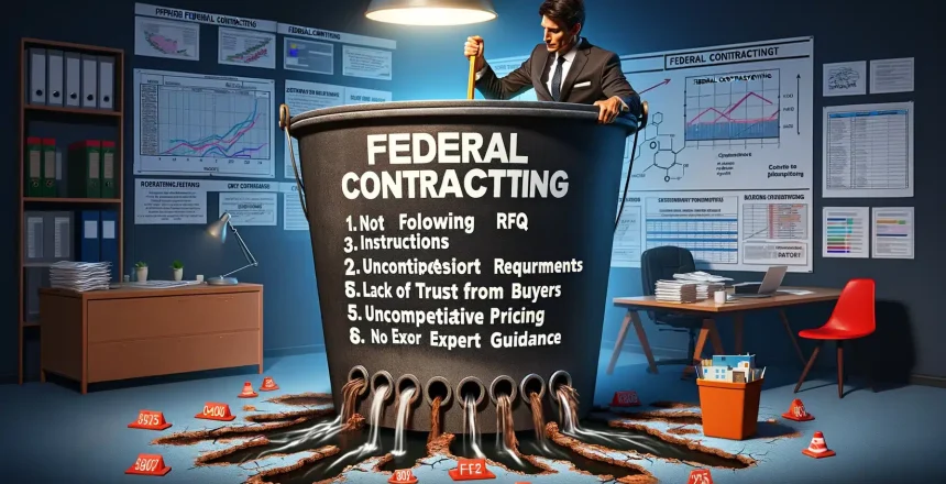DALL·E 2024-06-04 12.59.58 - An image of a federal contractor in an office, focusing on a large bucket labeled 'Federal Contracting' with five visible leaks. The leaks are labeled