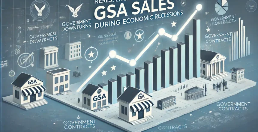 DALL·E 2024-06-14 14.21.03 - An illustration showing the resilience of GSA sales during economic recessions. The image features a graph with an upward trend during recession perio