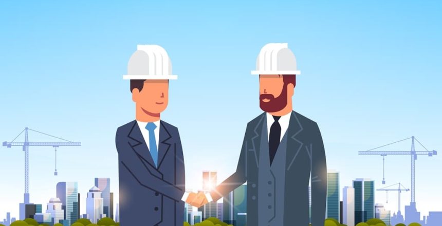 two businessmen builders handshake agreement during meeting over city construction site tower cranes building residential buildings cityscape sunset skyline background portrait horizontal vector illustration